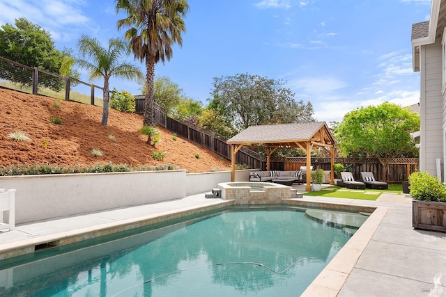 view of swimming pool featuring a fenced in pool, a patio area, a gazebo, an in ground hot tub, and a fenced backyard