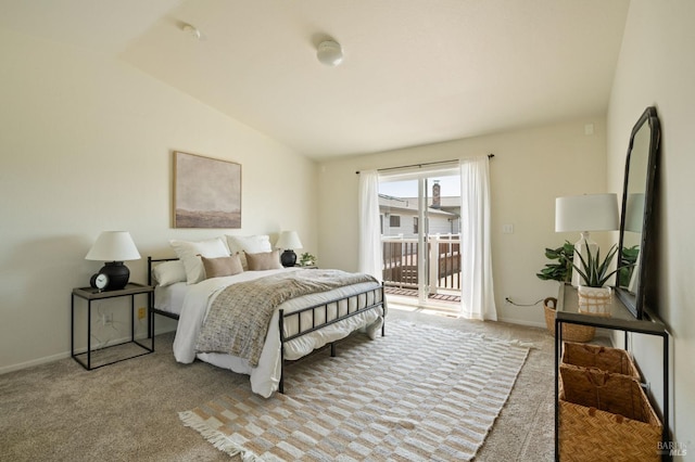 1568 Old Adobe Rd, Petaluma, CA 94954 - bedroom featuring access to exterior, vaulted ceiling, baseboards, and light colored carpet