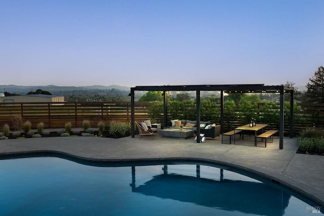 1568 Old Adobe Rd, Petaluma, CA 94954 - view of pool with fence, an outdoor living space, a mountain view, and a patio area