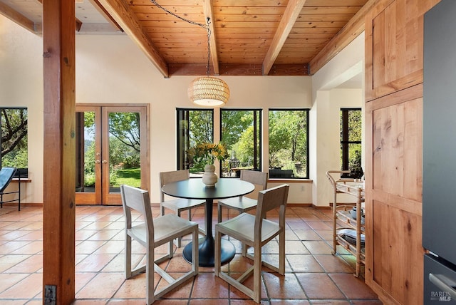 dining area featuring wooden ceiling, healthy amount of natural light, beam ceiling, french doors, and baseboards