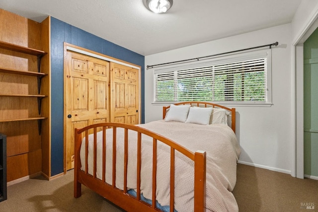 bedroom featuring carpet floors, baseboards, and a closet