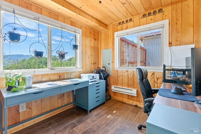 office area featuring wooden walls, a baseboard radiator, wooden ceiling, and wood finished floors