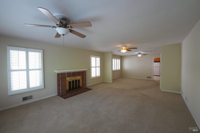 504 C St, San Rafael, CA 94901 - unfurnished living room with light colored carpet, baseboards, a ceiling fan, and visible vents