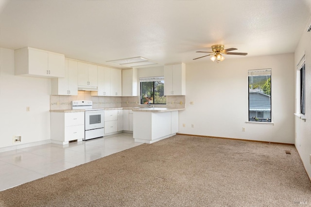 kitchen with white electric range oven, a wealth of natural light, under cabinet range hood, and a peninsula