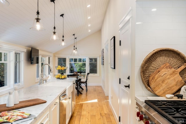 1450 Diamond Mountain Rd, Calistoga, CA 94515 - kitchen featuring a sink, pendant lighting, light wood-type flooring, stainless steel dishwasher, and light stone countertops