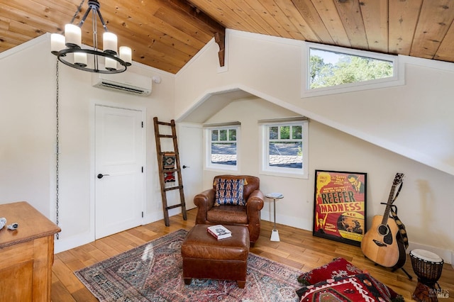 1450 Diamond Mountain Rd, Calistoga, CA 94515 - living area featuring lofted ceiling with beams, hardwood / wood-style floors, a chandelier, and wood ceiling
