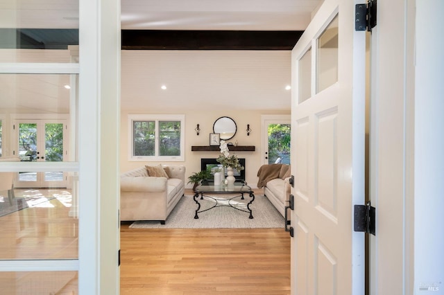 1450 Diamond Mountain Rd, Calistoga, CA 94515 - living area featuring beamed ceiling, light wood-style flooring, and recessed lighting