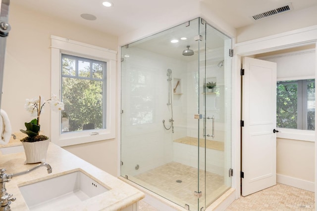 1450 Diamond Mountain Rd, Calistoga, CA 94515 - bathroom with a shower stall, plenty of natural light, visible vents, and a sink