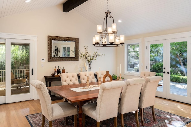 1450 Diamond Mountain Rd, Calistoga, CA 94515 - dining space with recessed lighting, french doors, light wood-type flooring, and vaulted ceiling with beams