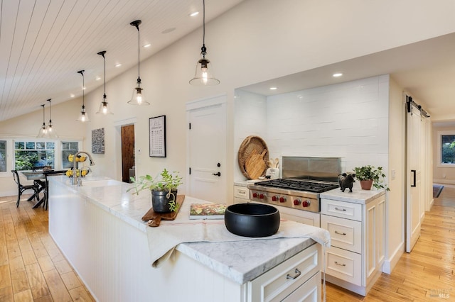 1450 Diamond Mountain Rd, Calistoga, CA 94515 - kitchen with a large island with sink, a barn door, light wood-type flooring, recessed lighting, and white cabinetry