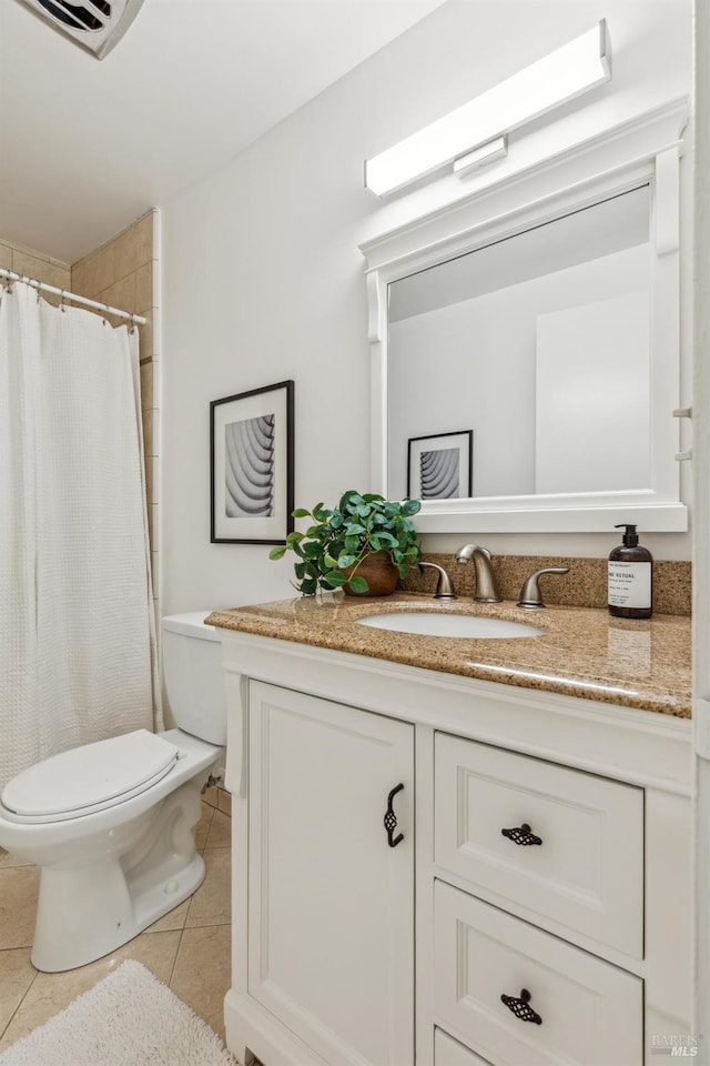 952 Lea Dr, San Rafael, CA 94903 - bathroom featuring toilet, a shower with curtain, visible vents, tile patterned flooring, and vanity