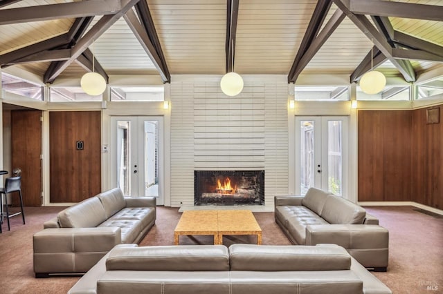 952 Lea Dr, San Rafael, CA 94903 - living room with french doors, beam ceiling, carpet, a brick fireplace, and wood ceiling