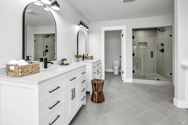 40 Los Pinos, Nicasio, CA 94946 - full bath featuring toilet, visible vents, a shower stall, tile patterned flooring, and vanity