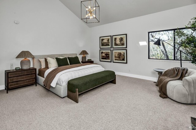 40 Los Pinos, Nicasio, CA 94946 - bedroom featuring baseboards, carpet flooring, an inviting chandelier, and high vaulted ceiling