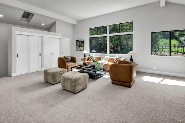 40 Los Pinos, Nicasio, CA 94946 - living room with carpet, baseboards, lofted ceiling with beams, and recessed lighting