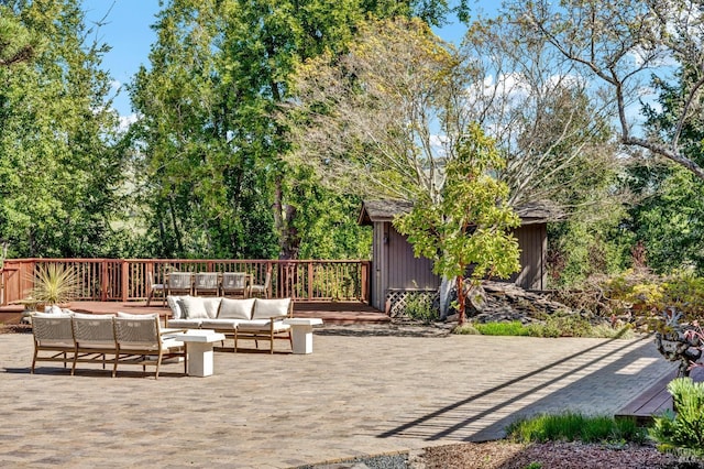 40 Los Pinos, Nicasio, CA 94946 - view of patio / terrace featuring an outdoor hangout area, an outdoor structure, and a deck