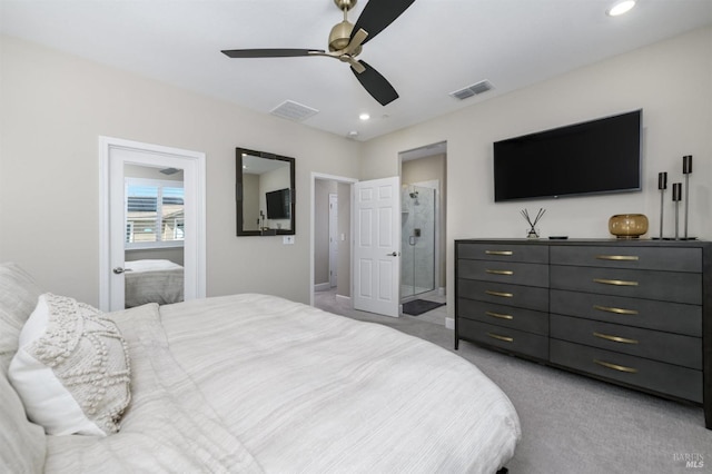 bedroom featuring recessed lighting, light carpet, visible vents, and ensuite bathroom