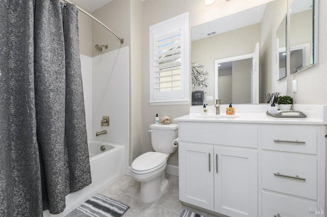 full bathroom with shower / bath combination with curtain, toilet, visible vents, tile patterned flooring, and vanity