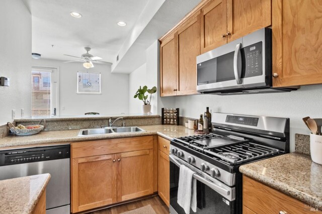 kitchen with a ceiling fan, recessed lighting, light wood finished floors, a sink, and stainless steel appliances