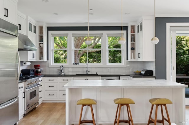 11 Heather Way, Larkspur, CA 94939 - kitchen with a sink, extractor fan, open shelves, stainless steel appliances, and backsplash