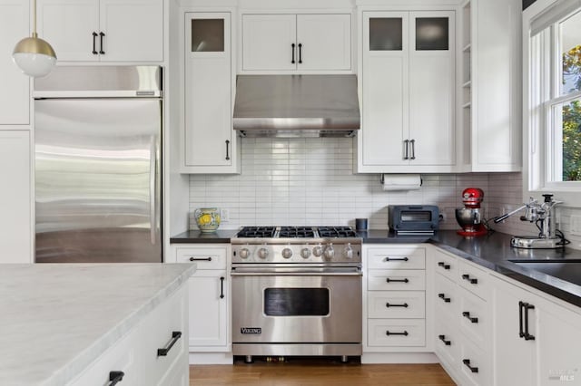 11 Heather Way, Larkspur, CA 94939 - kitchen featuring stainless steel appliances, under cabinet range hood, and white cabinetry