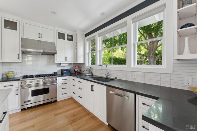 11 Heather Way, Larkspur, CA 94939 - kitchen with stainless steel appliances, under cabinet range hood, a sink, dark countertops, and tasteful backsplash