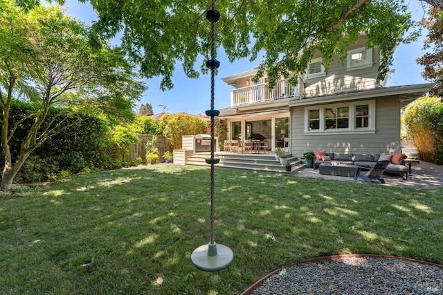 11 Heather Way, Larkspur, CA 94939 - rear view of house featuring a balcony, outdoor lounge area, a patio, and a wooden deck