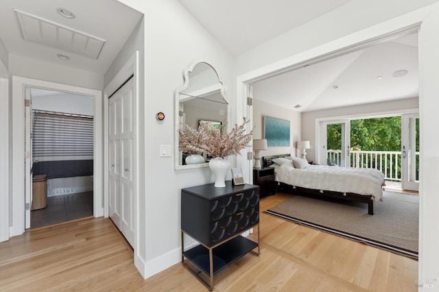 11 Heather Way, Larkspur, CA 94939 - bedroom with access to outside, wood finished floors, a closet, and lofted ceiling