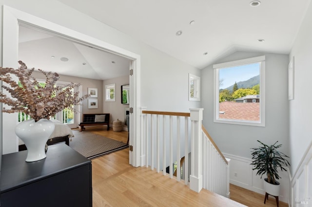 11 Heather Way, Larkspur, CA 94939 - corridor featuring an upstairs landing, vaulted ceiling, light wood-style floors, wainscoting, and recessed lighting