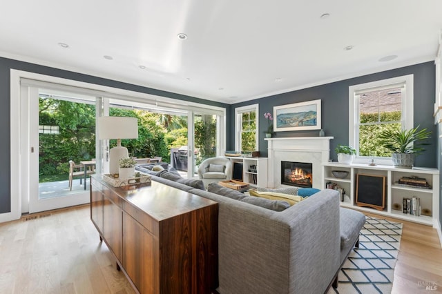 11 Heather Way, Larkspur, CA 94939 - living room featuring light wood-type flooring, ornamental molding, a high end fireplace, and plenty of natural light