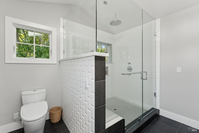 11 Heather Way, Larkspur, CA 94939 - bathroom with plenty of natural light, tile patterned floors, a stall shower, toilet, and lofted ceiling