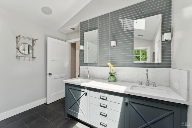 11 Heather Way, Larkspur, CA 94939 - bathroom with vaulted ceiling, double vanity, tile patterned floors, and baseboards