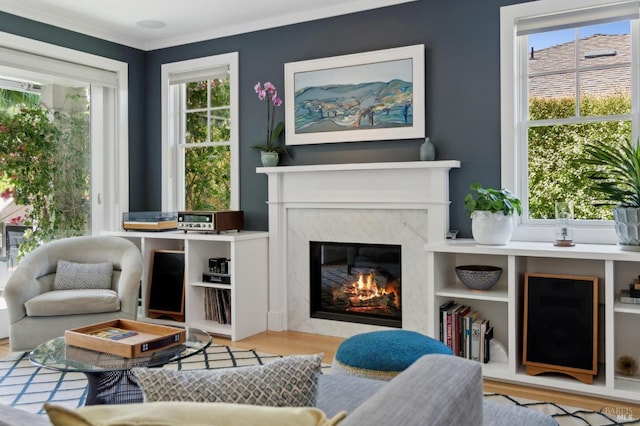 11 Heather Way, Larkspur, CA 94939 - living room featuring a high end fireplace, wood finished floors, healthy amount of natural light, and crown molding
