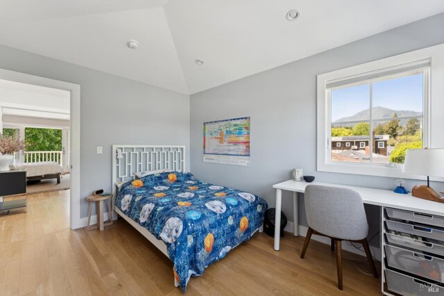 11 Heather Way, Larkspur, CA 94939 - bedroom featuring light wood-style flooring, a mountain view, an office area, high vaulted ceiling, and recessed lighting
