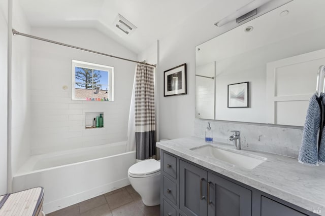 11 Heather Way, Larkspur, CA 94939 - bathroom featuring vanity, tile patterned floors, shower / tub combo with curtain, toilet, and vaulted ceiling
