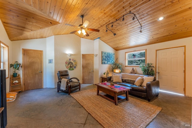 32211 Condor Rd, Willits, CA 95490 - living area featuring vaulted ceiling, ceiling fan, wooden ceiling, and track lighting