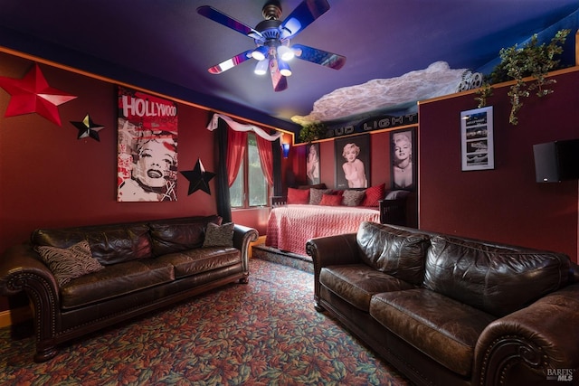 bedroom featuring carpet and ceiling fan