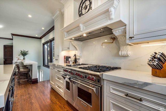 1543 Main St, Napa, CA 94559 - kitchen with light stone countertops, range with two ovens, dark wood-style flooring, ornamental molding, and backsplash