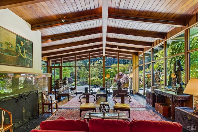 2300 S St, Eureka, CA 95501 - sunroom featuring a wall of windows, beam ceiling, and high vaulted ceiling