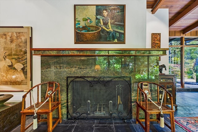 2300 S St, Eureka, CA 95501 - living area with beamed ceiling, wood ceiling, and a tile fireplace