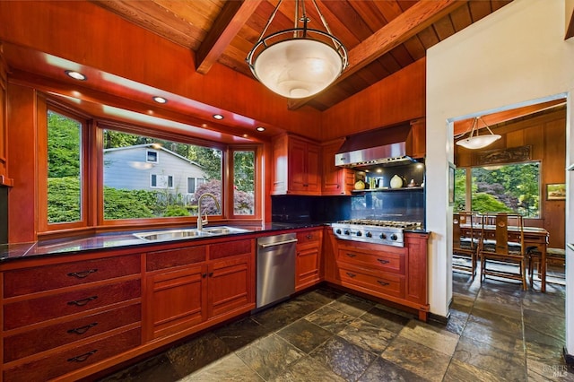 2300 S St, Eureka, CA 95501 - kitchen with appliances with stainless steel finishes, a sink, wood ceiling, wall chimney range hood, and stone tile floors