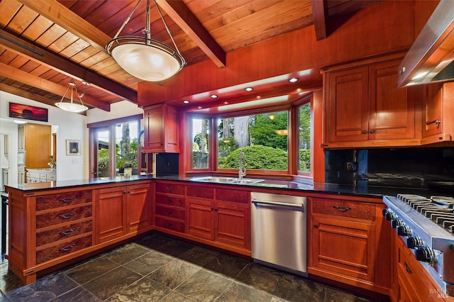 2300 S St, Eureka, CA 95501 - kitchen with wooden ceiling, a sink, stainless steel appliances, stone tile floors, and dark countertops