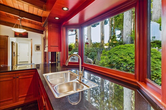2300 S St, Eureka, CA 95501 - kitchen featuring a sink, wood ceiling, beam ceiling, recessed lighting, and pendant lighting