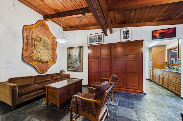 2300 S St, Eureka, CA 95501 - living area featuring stone tile floors, wooden ceiling, and beamed ceiling