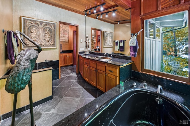 2300 S St, Eureka, CA 95501 - bathroom featuring rail lighting, wood ceiling, a garden tub, and vanity