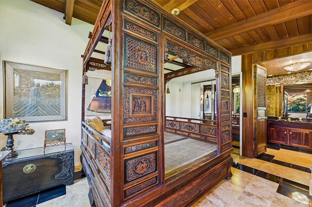 2300 S St, Eureka, CA 95501 - interior space featuring wood ceiling, beamed ceiling, and inlaid floor details