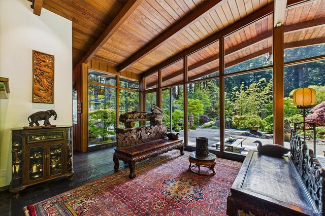 2300 S St, Eureka, CA 95501 - sunroom featuring wooden ceiling, healthy amount of natural light, floor to ceiling windows, and stone tile flooring
