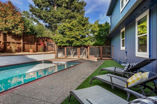 view of swimming pool with a fenced backyard, a patio, and a fenced in pool