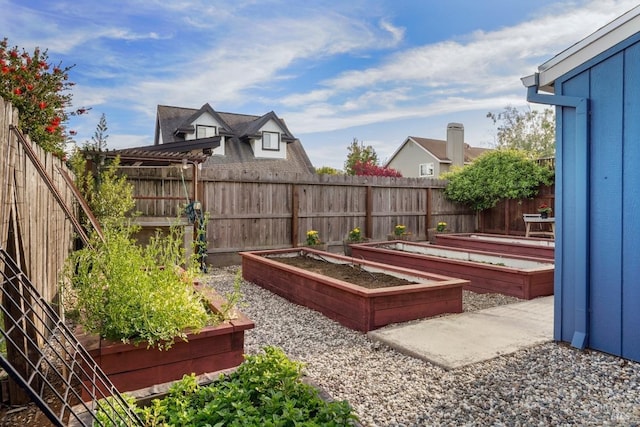 view of yard with a fenced backyard and a vegetable garden