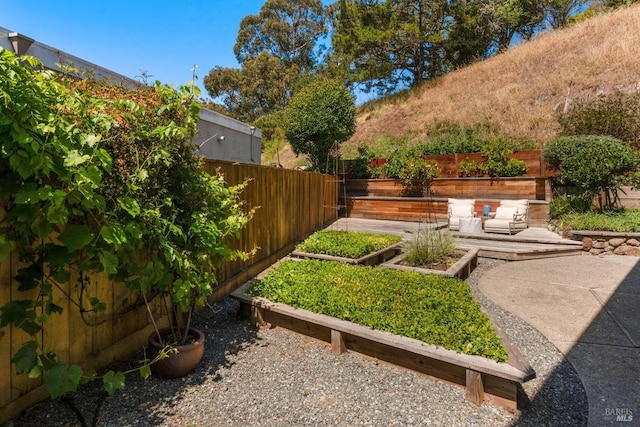 fenced backyard with a patio and a vegetable garden